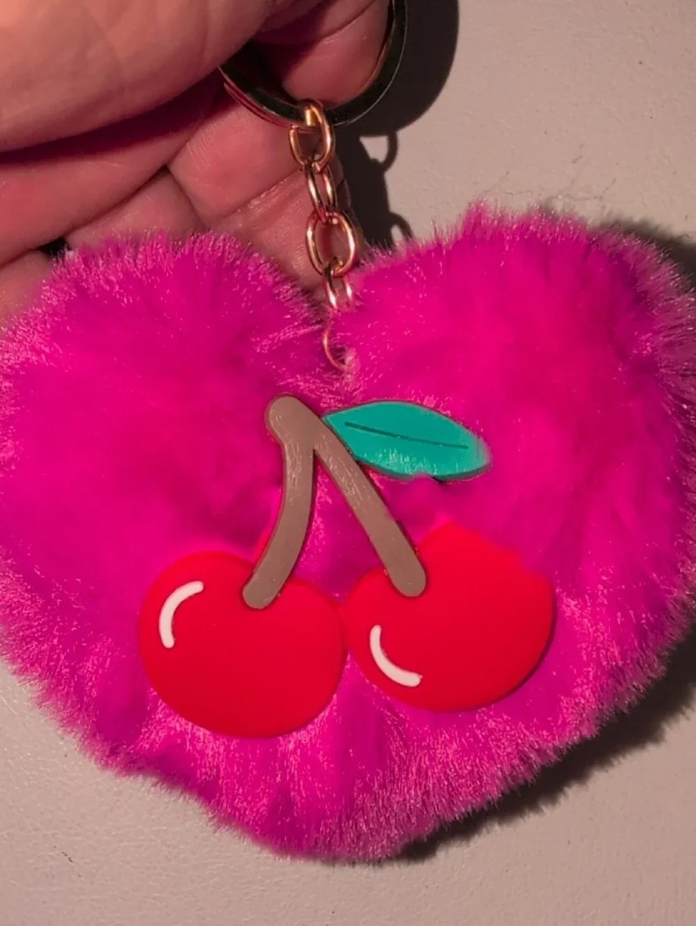 Fuzzy Heart Pom Keychain with Cherry Charm - Hot Pink